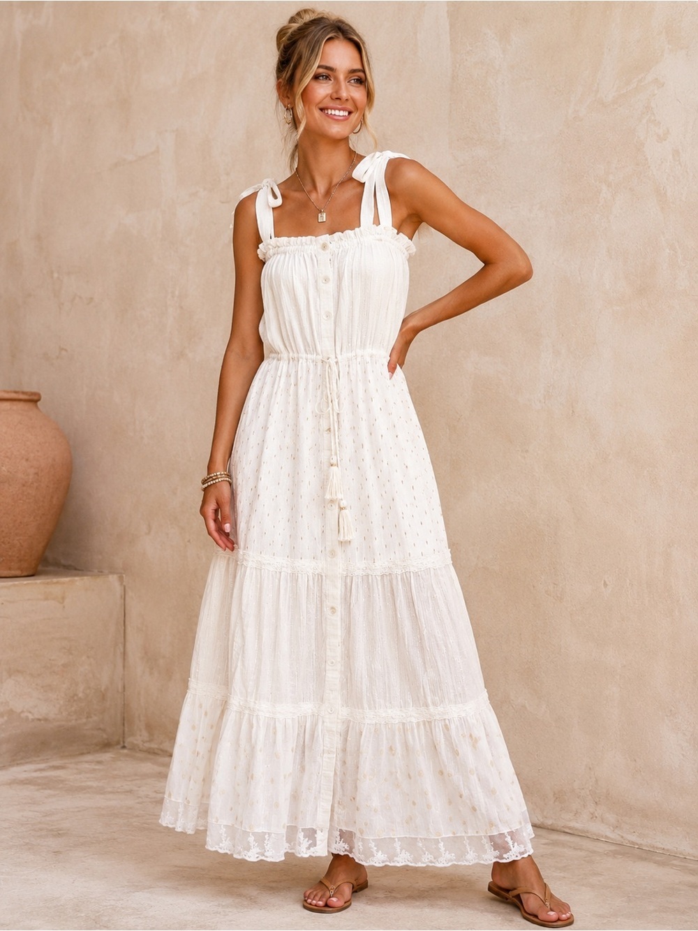 White Boho Coastal Cotton Maxi Dress Gold Metallic Lace Prairie Sz Small